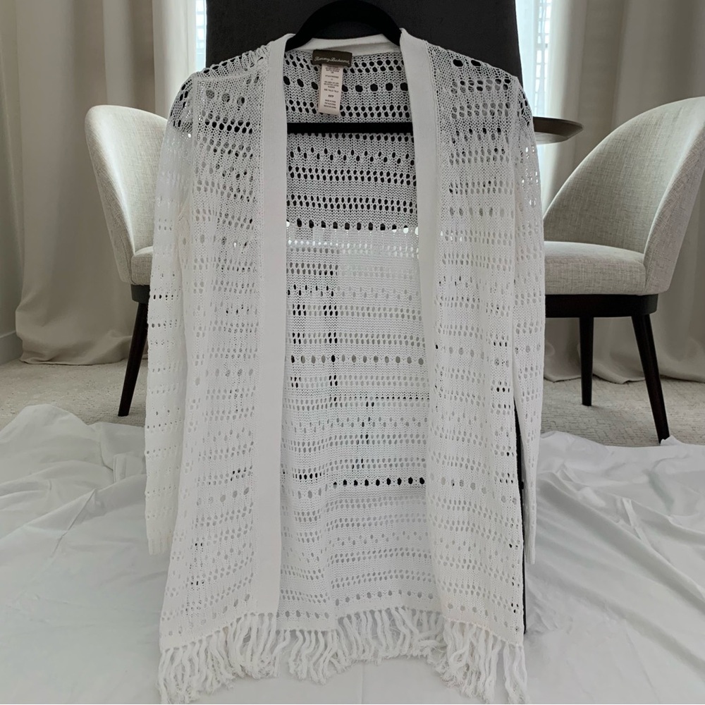 Tommy Bahama White Open-Knit Cardigan with Fringe Long Sleeve Size XS